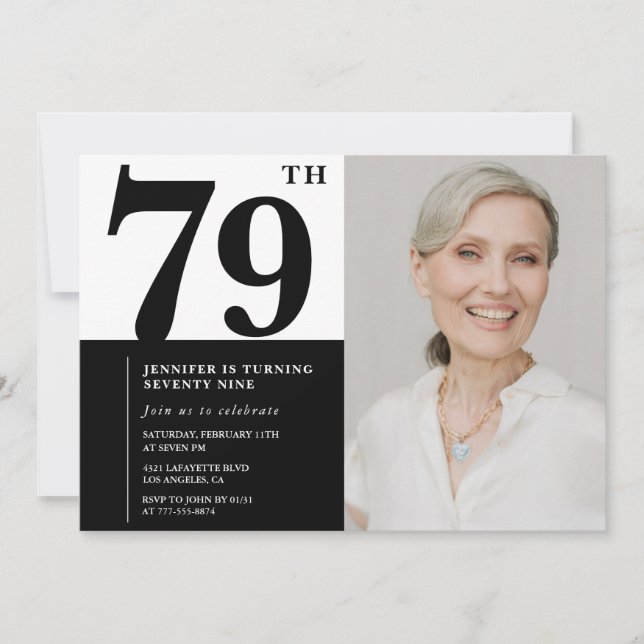 Chic Black White Photo 79th Birthday Invitation (Front)