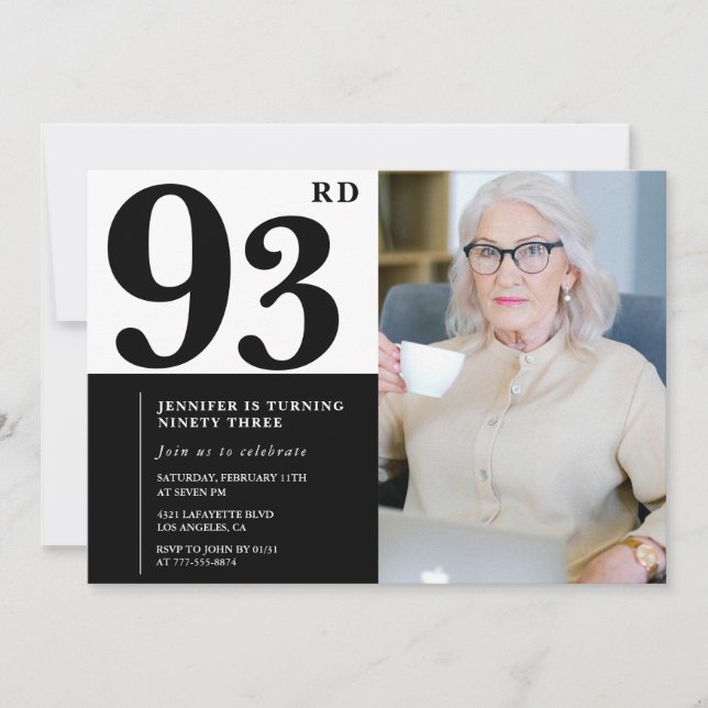 Chic Black White Photo 93rd Birthday Invitation (Front)