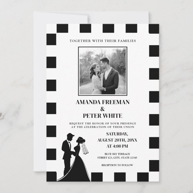 Chic Black & White Photo Chequered Couple Wedding Invitation (Front)