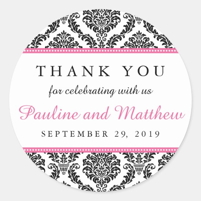 Chic Black & White Pink Damask Wedding Thank You Classic Round Sticker (Front)