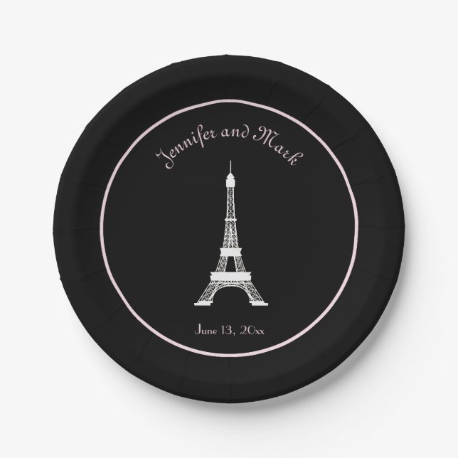 Chic Black White Pink French Eiffel Tower Wedding Paper Plate (Front)