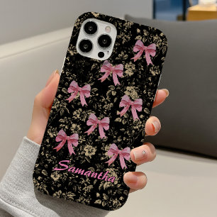 Chic Black White Pink Toile Coquette Bow Monogram iPhone 16 Case