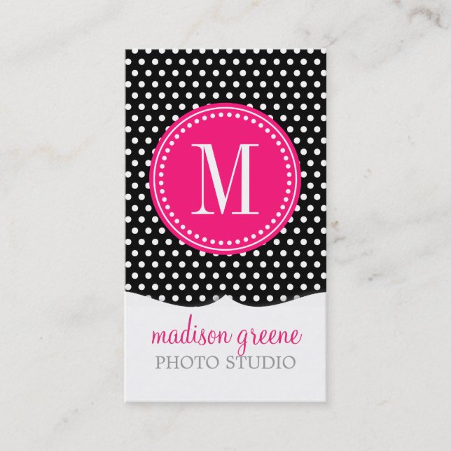 Chic Black White Polka Dots Hot Pink Personalised Business Card (Front)