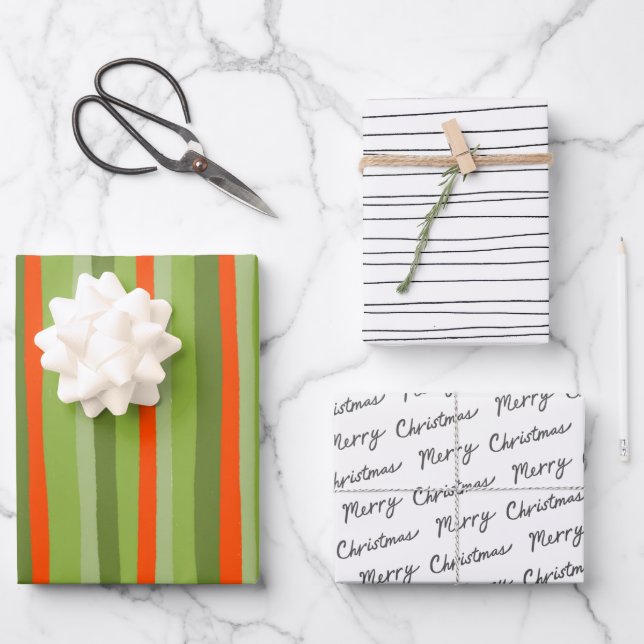 Chic Black White Red Green Modern Stripes Pattern Wrapping Paper Sheet (Front)