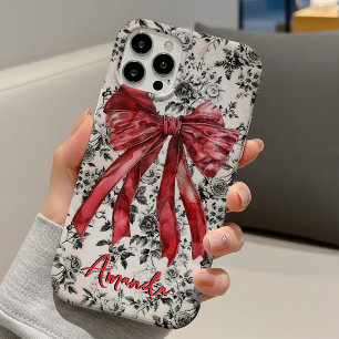 Chic Black White Red Toile Coquette Bow Monogram iPhone 16 Case