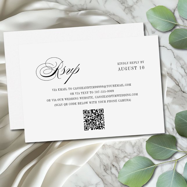 Chic Black White Romantic Script QR Code Wedding RSVP Card (Creator Uploaded)