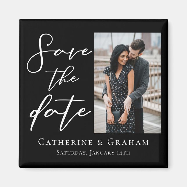 Chic Black White Script Couple Photo Save the Date Magnet (Front)