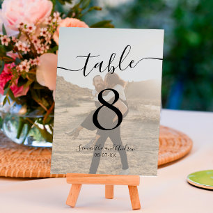 Chic black white script names photos wedding table number