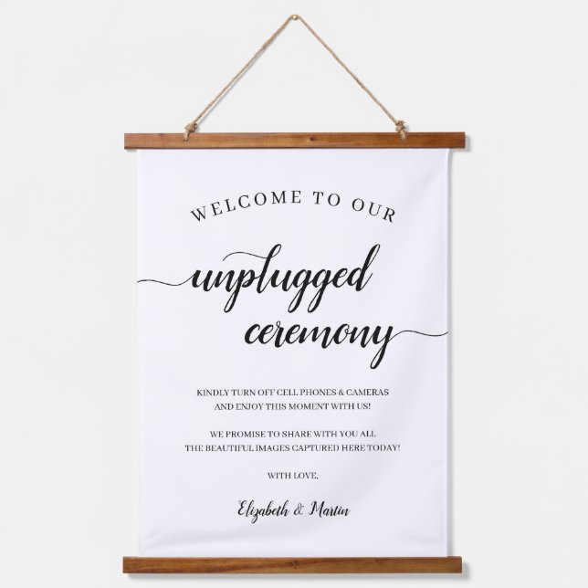 Chic Black & White Script Unplugged Ceremony Sign Hanging Tapestry (Front)