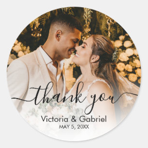 Chic Black White Script Wedding Photo Thank You Classic Round Sticker