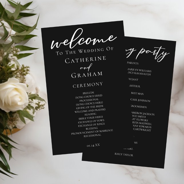 Chic Black White Script Wedding Program (Creator Uploaded)