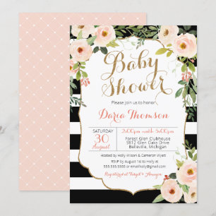 Chic Black White Stripe & Blush Floral Baby Shower Invitation
