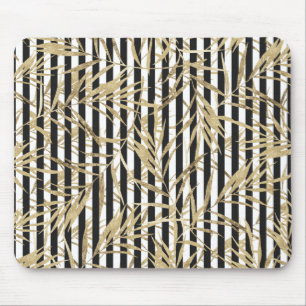 Chic black white stripe faux gold tropical floral mouse mat