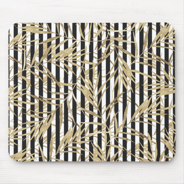 Chic black white stripe faux gold tropical floral mouse mat (Front)