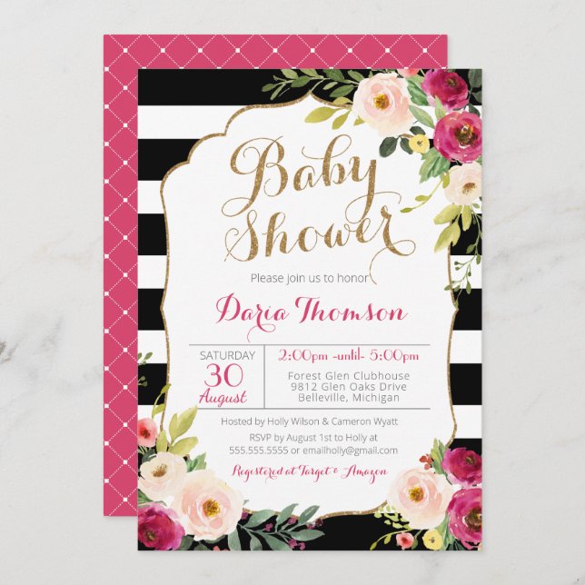 Chic Black & White Stripe Pink Floral Baby Shower Invitation (Front/Back)