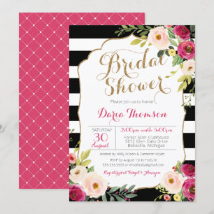 Chic Black White Stripe Pink Floral Bridal Shower Invitation