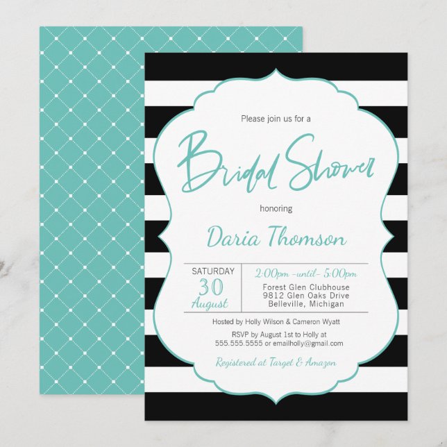 Chic Black & White Stripe Turquoise Bridal Shower Invitation (Front/Back)