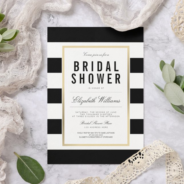 Chic Black White Striped Gold Bridal Shower Invite (Creator Uploaded)
