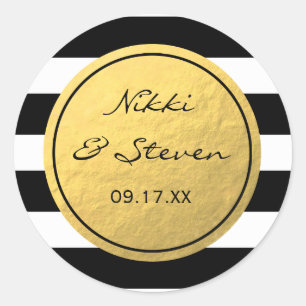 Chic Black & White Striped Gold Foil Sticker Label