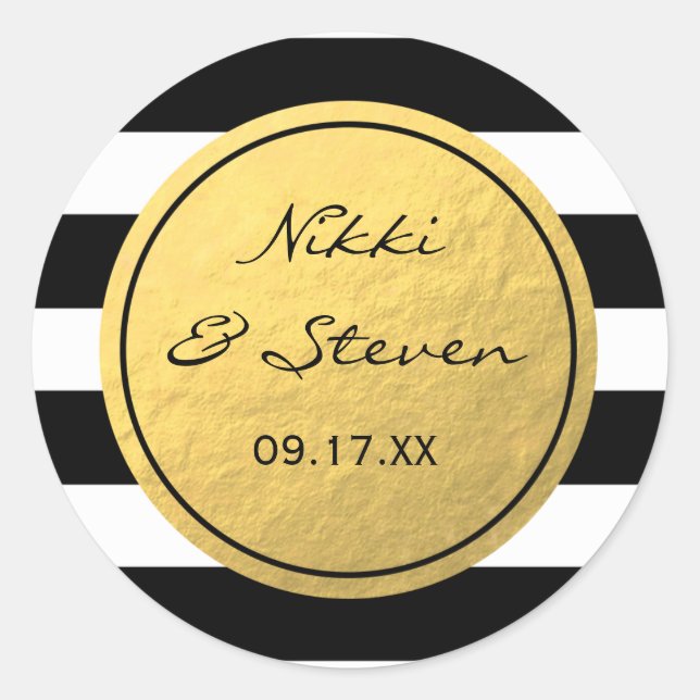 Chic Black & White Striped Gold Foil Sticker Label (Front)