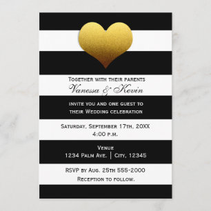Chic Black White Striped Gold Heart Invitation