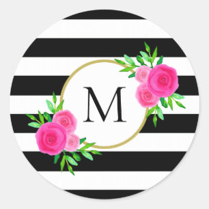 Chic Black White Striped Pink Floral Monogram Classic Round Sticker