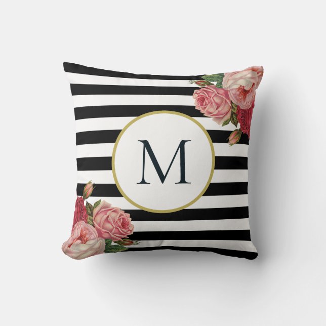 Chic Black White Striped Retro Floral Monogram Cushion (Front)