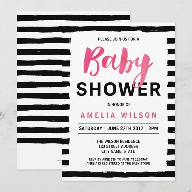 Chic Black & White Stripes Baby Shower Invitation (Front/Back)