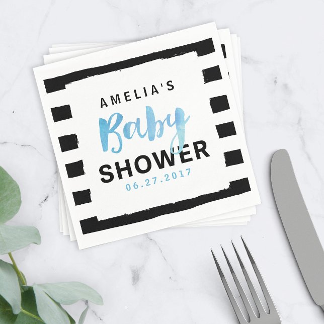 Chic Black & White Stripes Blue Baby Shower Napkin (Creator Uploaded)