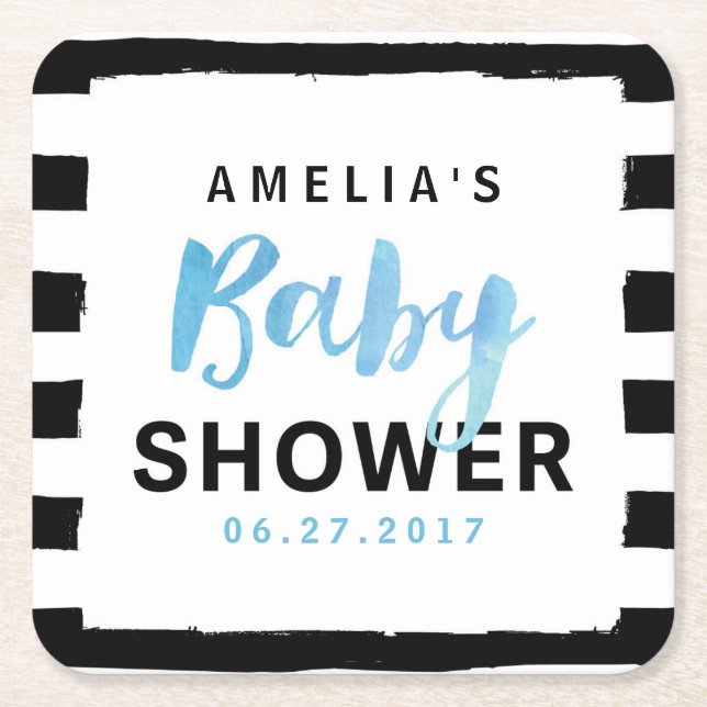 Chic Black & White Stripes Blue Baby Shower Square Paper Coaster (Front)