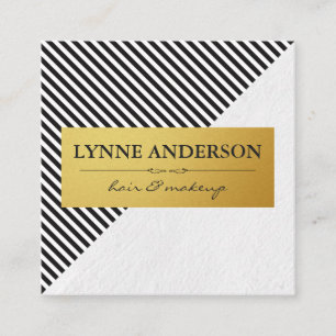 Chic Black White Stripes Faux Metallic Gold Square Business Card
