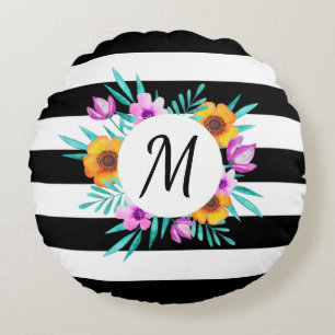 Chic Black White Stripes Floral  Custom Monogram Round Cushion