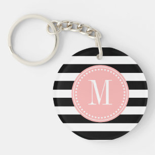 Chic Black & White Stripes Personalised Monogram Key Ring
