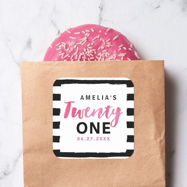 Chic Black & White Stripes Pink 21st Birthday Square Sticker (Creator Uploaded)