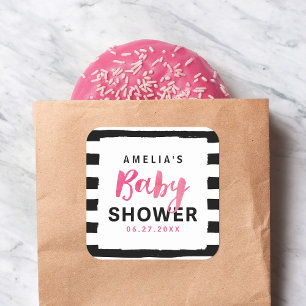 Chic Black & White Stripes Pink Baby Shower Square Sticker