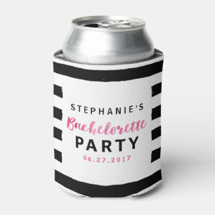 Chic Black & White Stripes Pink Bachelorette Party Can Cooler