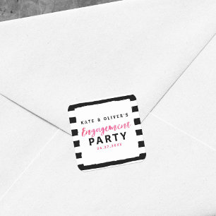 Chic Black & White Stripes Pink Engagement Party Square Sticker