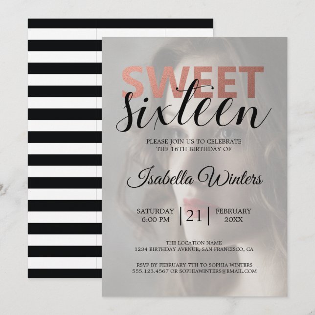 Chic Black White Stripes Pink Sweet 16 Photo Invitation (Front/Back)
