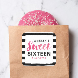 Chic Black & White Stripes Pink Sweet 16 Square Sticker