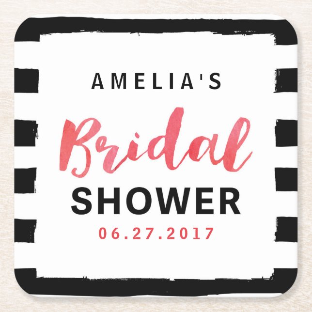 Chic Black & White Stripes Red Bridal Shower Square Paper Coaster (Front)