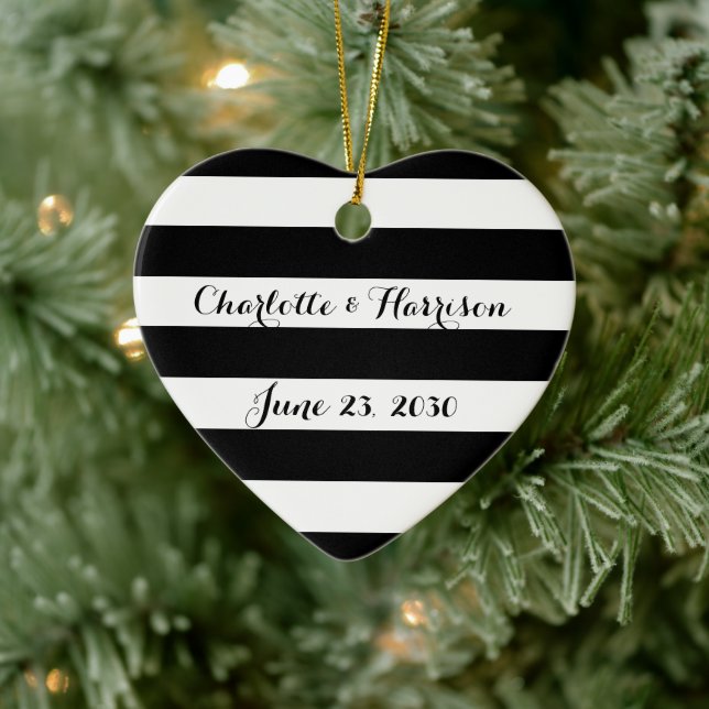 Chic black white stripes script names Christmas Ceramic Tree Decoration (Tree)