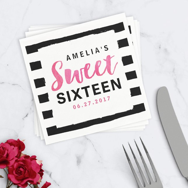 Chic Black & White Stripes Sweet 16 Birthday Napkin (Creator Uploaded)