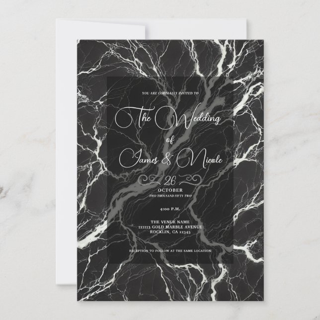 Chic Black & White Trendy Marble Glam Wedding  Invitation (Front)