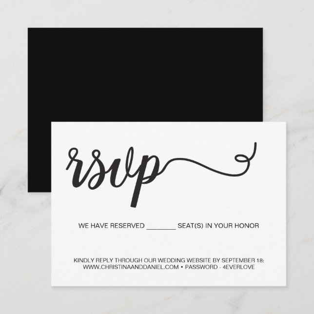 Chic Black White Wedding Website seats reserved RSVP Card (Front/Back)