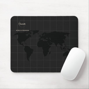 Chic Black White World Map Monogram Name Mouse Mat