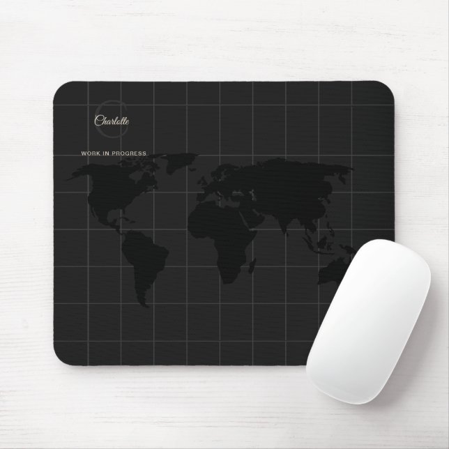 Chic Black White World Map Monogram Name Mouse Mat (With Mouse)
