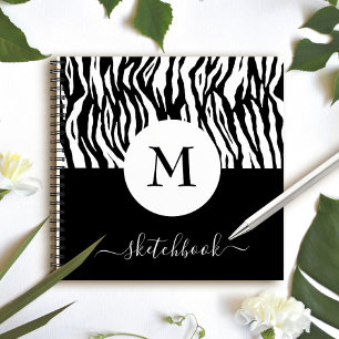Chic Black White Zebra Print Monogram Sketchbook Notebook