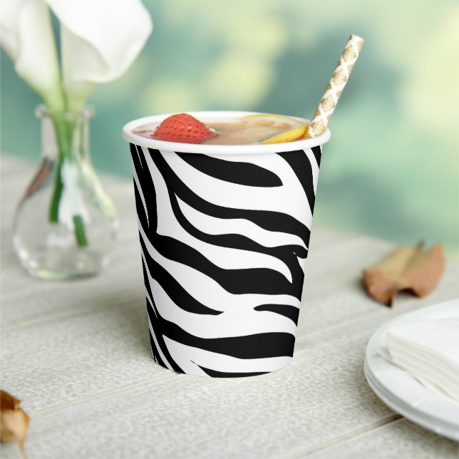 Chic black white zebra print safari birthday party paper cups (Insitu)