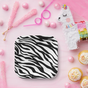 Chic black white zebra print safari birthday party paper plate