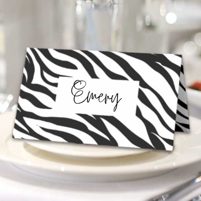 Chic black white zebra print safari birthday party place card (Chic black white zebra print safari birthday party place card)